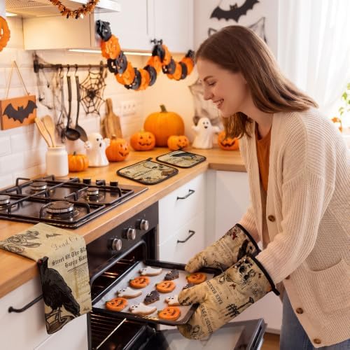 13 Pcs Vintage Gothic Halloween Kitchen Decor Set, Kitchen Rugs Curtain Set