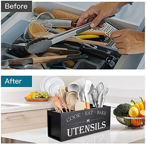Suli Extra Large Utensil Holder Countertop for Kitchen Counter,Wood,Black