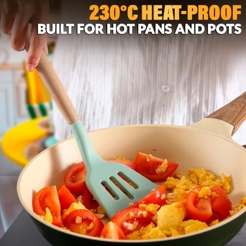12Pcs Mint Green Kitchen Accessories with Holder for Nonstick Pans