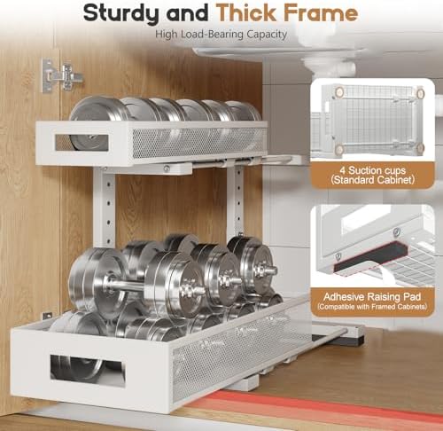 2 Pack 17IN Depth Under Sink Storage Organizer, Large 2-Tier Elegant Mesh Pull Out Shelf for Kitchen and Bathroom Cabinet Organization, L-Shaped and Adjustable Height Design-White