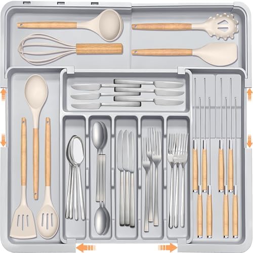 Silverware Drawer Organizer for Kitchen, Adjustable Utensil Drawer Organizer with 2 Knife Block, BPA Free Flatware and Cutlery Holder, Expandable Plastic Storage for Spoons Forks Knives(Grey)