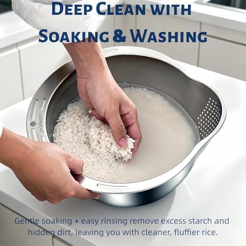 DOPMEP Rice Washer Strainer Bowl Stainless Steel Colander with Side Drainer