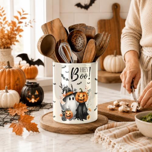Halloween Cute Ghost Kitchen Utensil Holder, Pumpkin Talavera Large Ceramic Utensil Holder For Countertop Organizer, Summer 6.3'' Cooking Utensil Crocks Scarry Decor Utensil Storage Cup for Kitchen