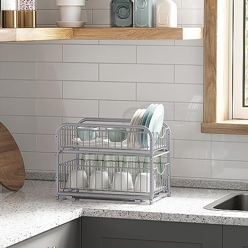 SONGMICS 2-Tier Pull Out Cabinet Organizers, Under Sink Organizer, Bathroom Organizer and Storage, Sliding Basket Drawers, Stackable for Kitchen, Bathroom, Metallic Silver UKCS017E01