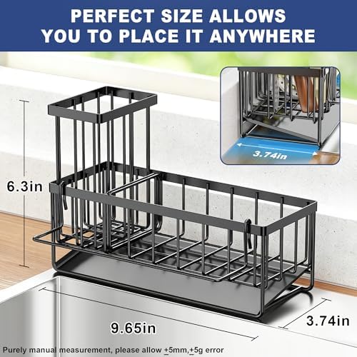 Sponge Holder for Kitchen Sink, Kitchen Sink Caddy, Kitchen Sink Sponge Holder, Dish Sponge Holder, Kitchen Sink Organizer for Sponge, Dish Brush, Scrubber(9.65" x 3.74" x 6.3", Black)