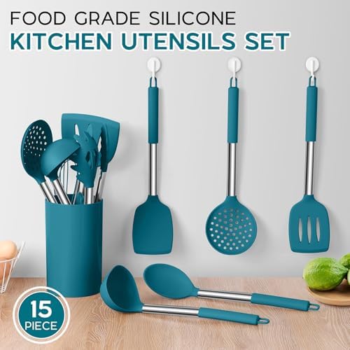 Onader 15pcs Kitchen Cooking Utensils Set with Holder, Onader Heat Resistant Silicone Kitchen Utensils Spatula Set with Stainless Steel Handle - Blue