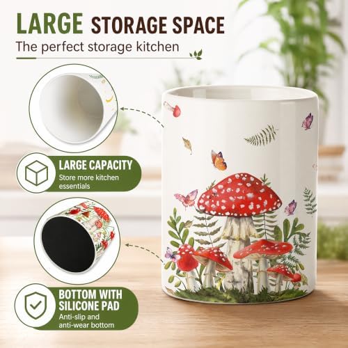 Mushroom Ceramic Utensil Crock, Hand-Painted Forest Mushroom Kitchen Utensil Holder, Farmhouse Countertop Storage Caddy, Kitchen Decor Organizer for Spatulas, Baking Tools & Multi-Room Display