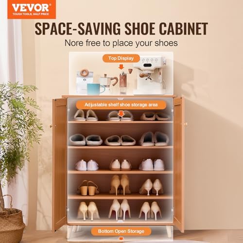 VEVOR Rattan Shoe Cabinet, 5 Tiers Shoe Storage Organizer with 2 Doors and Adjustable Shelves, 40.35" Tall Rattan Shoe Storage Entryway Cabinet Ideal for Entryway, Closet, Hallway, Light Wood Color
