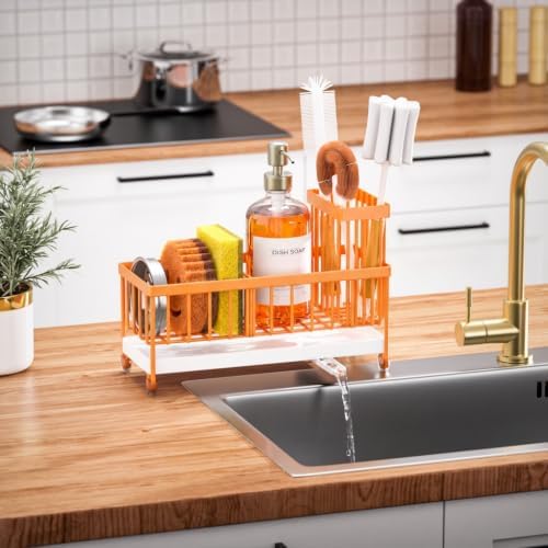 Cisily Sponge Holder for Kitchen Sink, Sink Caddy Organizer with High Brush Holder, Kitchen Countertop Organizers and Storage Essentials (Orange, 9.25″)