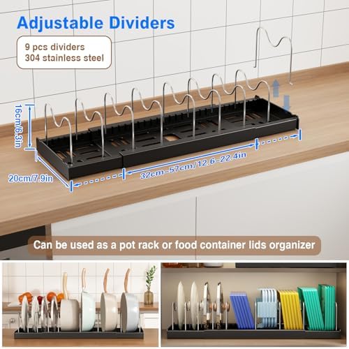 Mustorn 2 Pack Pots and Pans Organizer under Cabinet, 22" Expandable Food Storage Container Lid Organizer with 9 Adjustable Stainless Steel Dividers, ABS Base, Countertop Rack, Black