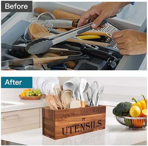 Suli Extra Large Utensil Holder Countertop for Kitchen Counter,Acacia Wood