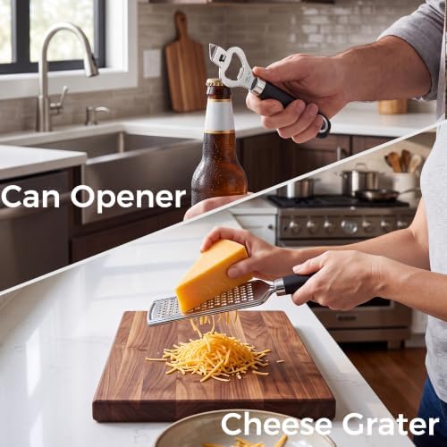 Kitchen 18/0 Stainless Steel Gadgets Utensil Set, Good Grip Utensils, Can Opener, Cheese Grater, Peeler, Pizza Cutter, Garlic Press, 5 Pcs
