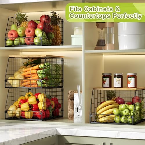 Jakyitvi 4 Pack Stackable Wire Baskets with Fixed Wooden Top, Vegetable Fruit Storage Bins for Onion Potato Snack, Pantry Baskets for Kitchen Cabinet Countertop, Pantry Organizers and Storage Rack