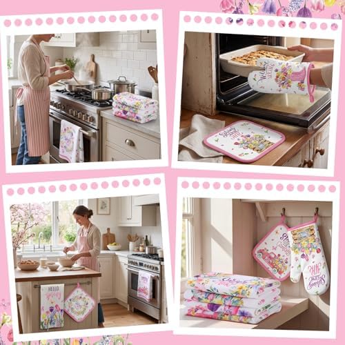 SiliFine 12 Pcs Spring Kitchen Accessories Set Floral Kitchen Towels Oven Mitts and Pot Holders, Hello Spring Decorations with Tulips and Trucks for Cooking, Baking, Home Decorations