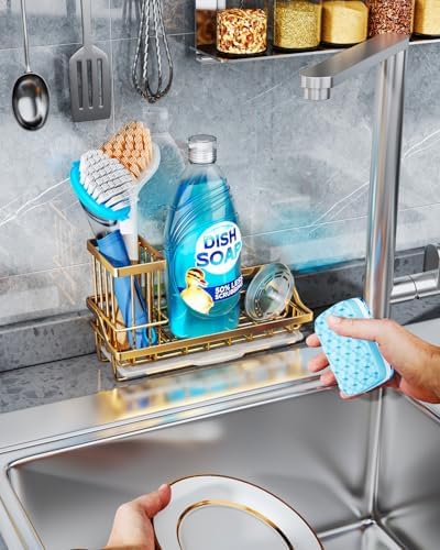 Consumest Sink Caddy, Kitchen Sponge Holder with Dish Brush Holder, Kitchen Sink Organizer with Drip Tray for Countertop, Stainless Steel Rustproof - Gold