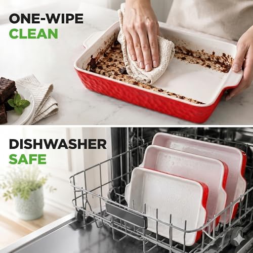 NutriChef 3-Piece Ceramic Casserole Dish for Oven - Premium Lasagna Baking Pans w/ Nonstick Coating & Built-In Handles - Dishwasher & Microwave Safe - 14" x 8", 10" x 6", 7" x 5" - Red