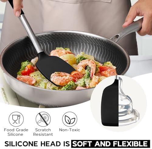 Onader Kitchen Utensils Set, 15 Pcs Silicone Cooking Utensils Set with Holder and Heat Resistant Stainless Steel Handle for Nonstick Cookware - Black