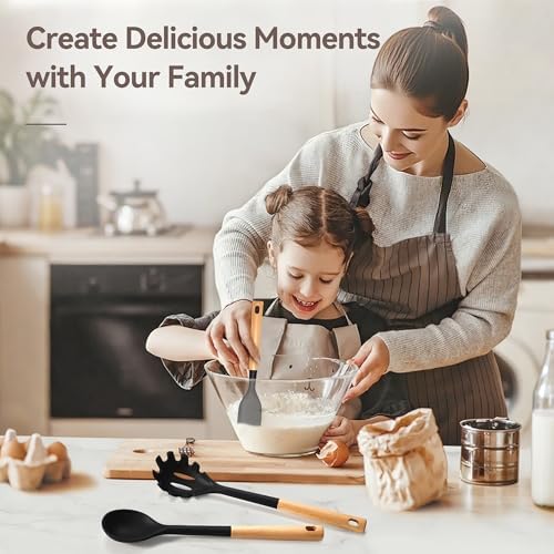 NCUE 6-Pcs Silicone Kitchen Utensils Set Wood Handle BPA-Free Food Grade