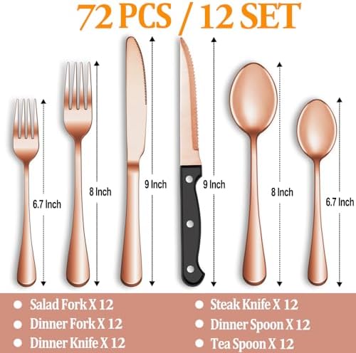 72 Pcs Rose Gold Silverware Set with Steak Knives, Stainless Steel Flatware Cutlery Set for 12, Kitchen Tableware Sets, Utensil Sets for Home and Restaurant, Dishwasher Safe
