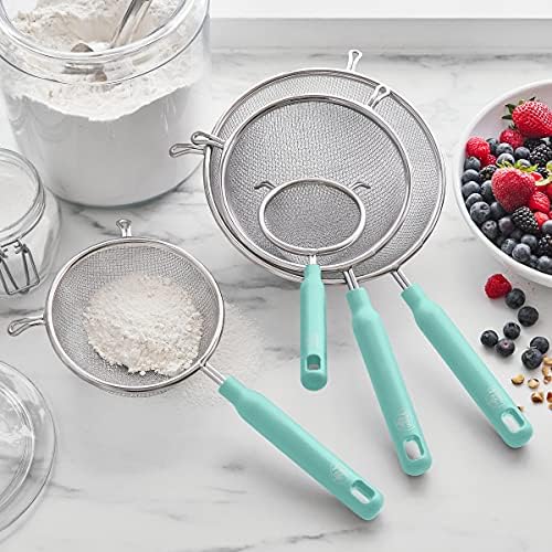 GreenLife Cooking Tools and Utensils, 4 Piece Extra Fine Stainless Steel Mesh Strainer Kitchen Set, Stay Cool Handles, Dishwasher Safe, BPA-Free, Turquoise