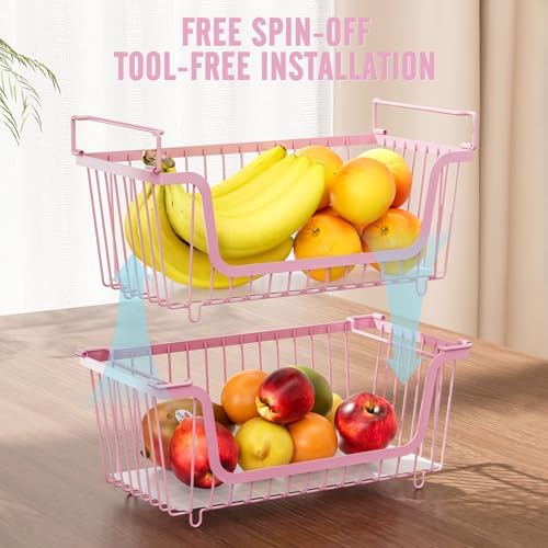 4 Pcs Stackable Wire Baskets for Pantry Organizers and Storage, Pink