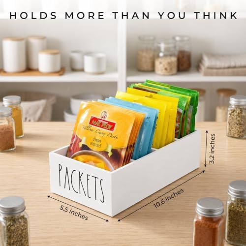 Seasoning Organizer, Pantry Storage Bins for Food Mixes, Spices, Gravy, Taco, and Dressing Packets - Modern Farmhouse Kitchen Organization (White)