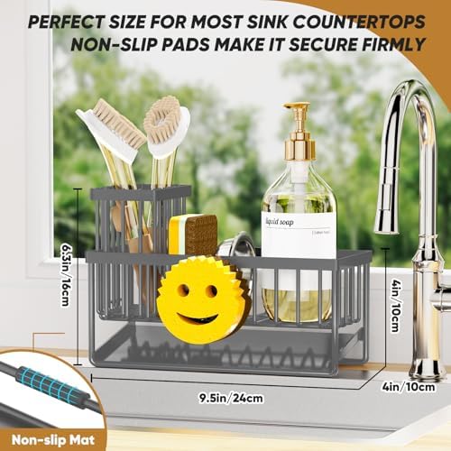 Sponge Holder for Kitchen Sink,Smiley Face Sink Caddy with Removable Brush Holder,Self-Draining Sponge Caddy for Soap,Dish Brush,Scrubber,Kitchen Essentials and Gadgets-Charcoal Gray