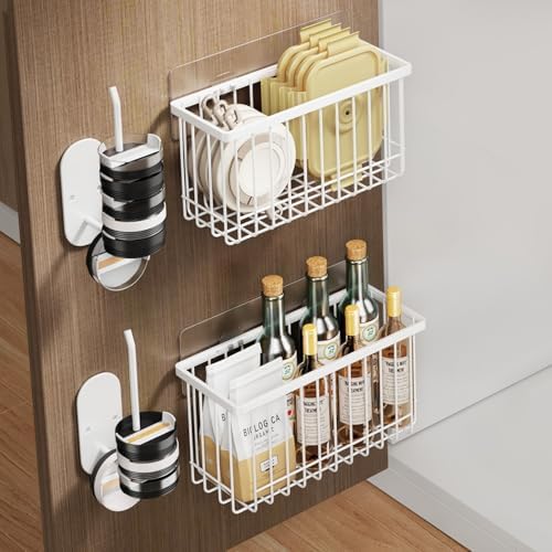 Mustorn 4 Pack Adhesive Cabinet Door Organizer, Lid Organizers Inside Cabinet Food Container/Tumbler Lid Organizer and Storage Cup Lids Holder for Kitchen & Bathroom Wall Mounted(White)