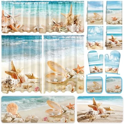 13 Pcs Beach Kitchen Decor Set 3 Seashell Kitchen Curtains Valance 2 Beach Rugs and Mats 4 Coastal Hand Towels 2 Pot Holders 2 Oven Mitts for Summer Home Decor Cooking Grilling Housewarming Gift