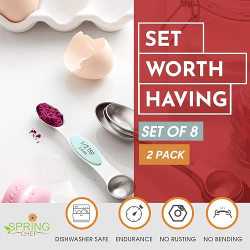 Spring Chef Stainless Steel 8 Magnetic Measuring Spoons Set, 2 Pack, Mint