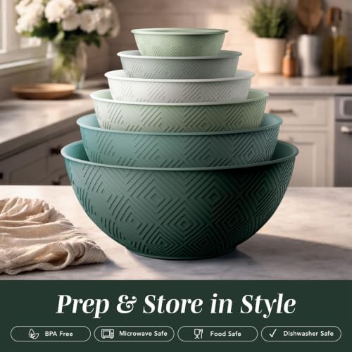 COOK WITH COLOR Mixing Bowls with Lids - 12 Piece Plastic Nesting Bowls Set includes 6 Prep Bowls and 6 Lids, Microwave Safe Mixing Bowl Set, Sage Rhombus