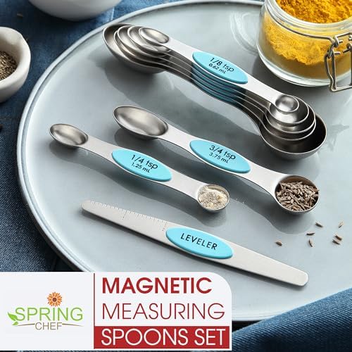 Spring Chef Stainless Steel Magnetic Measuring Spoons Set of 8, Aqua Sky