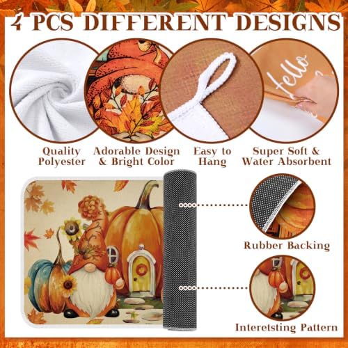 Fanfanwin 10 Pcs Fall Pumpkin Kitchen Decor Set Kitchen Towels Pot Holders Oven Mitts and Rugs Set Thanksgiving Towels for Baking Cooking BBQ Autumn Home(Maple Leaf,White, Orange,10)