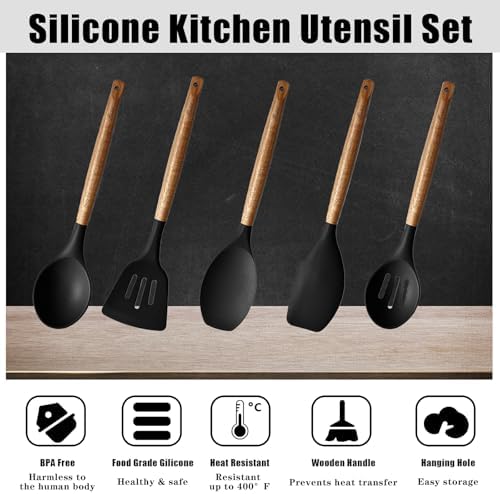 Kitchen Utensils Set, Silicone Cooking Utensils Set,Non-Stick Silicone Spatula Set with Natural Acacia Hard Wood Handle, 5 Piece, Upgraded Thickened Cookware