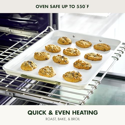 GreenPan Bakeware 13"x18" Half Baking Sheet Pan, Ceramic Nonstick Baking Pan, PFAS & BPA Free, Gold Handles, Durable Steel, Versatile & Space Saving Ovenware, Freezer to Oven Dish, Cream