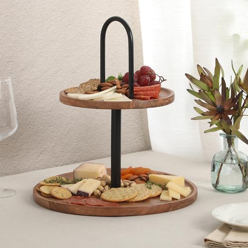 Gibson Home Gracious Dining 2-Tier Round Acacia Wood Serving Tray – Rustic Charcuterie Board Stand with Black Iron Handle – Tiered Party Platter, Dessert Display or Lazy Susan for Entertaining