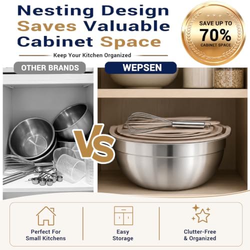 WEPSEN Mixing Bowls Set, 25PCS Khaki Mixing Bowls With Lids Set Stainless Steel Kitchen Large Nesting Metal Bowl 7QT to 1.5QT, Measuring Cups and Spoons for Prepping Cooking Serving