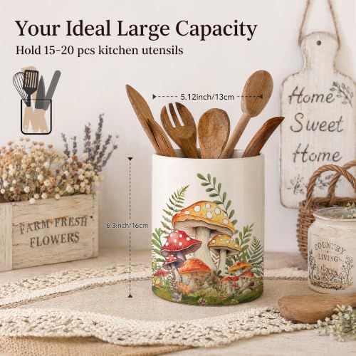 Yellow Mushroom Ceramic Utensil Crock, Forest Mushroom Kitchen Utensil Holder, Farmhouse Rustic Countertop Storage Organizer, Cute Cottagecore Home Decor Caddy for Spatulas Baking Cooking Tools