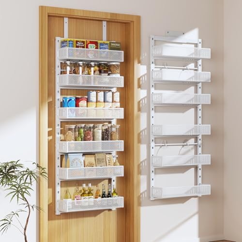 Pantry Door Organizers and Storage, 6-Tier Large Metal Heavy-Duty Frame Over the Door Spice Rack, 2 in 1 Wall-Mounted or Hanging shelf for Kitchen, Bathroom, Laundry Room, Bedroom, Closet &Nursery