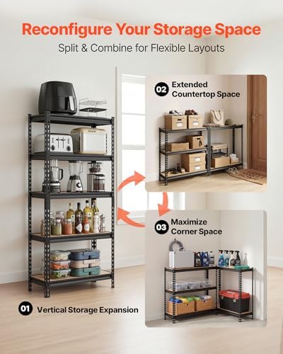 VEVOR Storage Shelves, 5-Tier Adjustable, 2000 lbs Capacity, Heavy Duty Garage Storage Shelving Unit, Metal Utility Rack Shelf, for Kitchen Pantry Basement Bathroom, 28.35" W x 12.17" D x 59.84" H