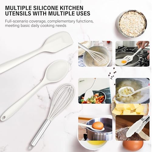 HaWare 11 PCS Silicone Cooking Utensils Set, Heat Resistant Kitchen Utensils with Holder, Food-grade Spatula Sets for Nonstick Cookware, Kitchen Tools Gadgets Include Fish Turner, Spoon (White)