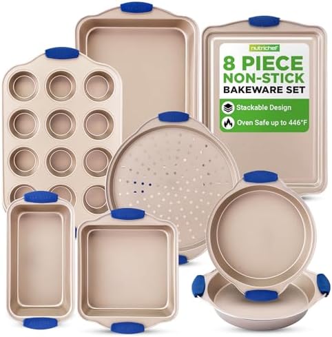 NutriChef 8-Piece Nonstick Bakeware Set - Heavy Duty Carbon Steel Baking Pans w/ Blue Silicone Handles - Pizza Crisper, Muffin & Loaf Pan, Round & Square Pans, Cookie Sheet - Champagne Gold