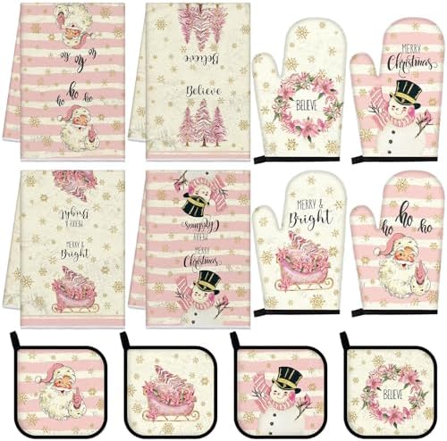 12 Pcs Christmas Pink Kitchen Towels and Oven Mitt Sets 4 Santa Claus Oven Mitts 4 Snowman Dish Towels and 4 Plaid Wreath Pot Holders Cooking Accessories for Winter Holiday Kitchen Decoration