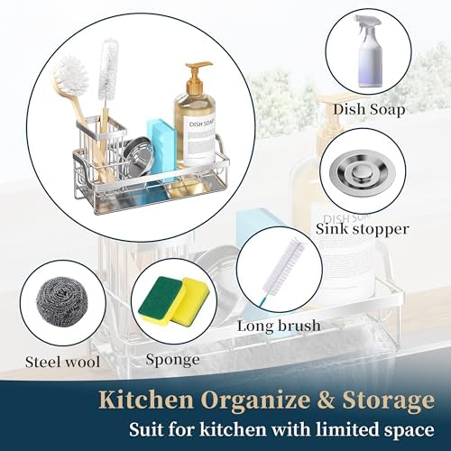 Consumest Sponge Holder for Kitchen Sink - Sink Caddy with Stainless Steel Self Drain Tray, Sink Organizer with High Brush Holder Countertop for Kitchen Sink Accessories, Silver