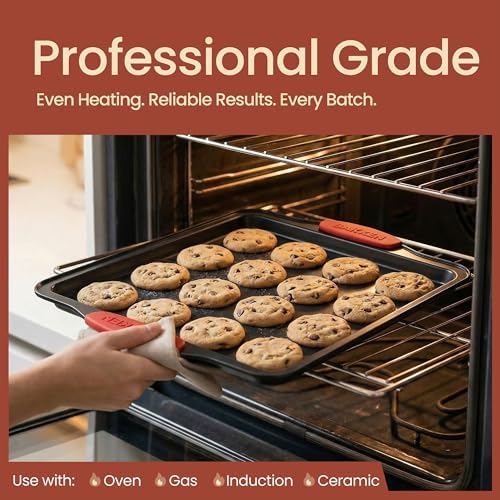 BAKKEN Kitchen Baking Pan Set - Nonstick Coating, Carbon Steel Bakeware Sets with Red Silicone Handles, Baking Kitchen Essentials, PFOA, PFOS, PTFE Free, Oven Safe Tray (Up To 450° F), Set of 18