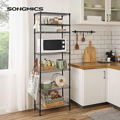 SONGMICS 7-Tier Storage Shelves, Adjustable Wire Shelving Unit, 8 Hooks