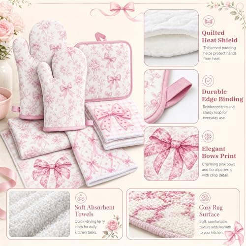 Pink Bows Kitchen Decor Set, 10 Pcs Coquettte Bow Home Accessories with Kitchen Rugs, Towels, Pot Holders Resistant Glove and Oven Mitt for Cooking Baking House Supply Gifts