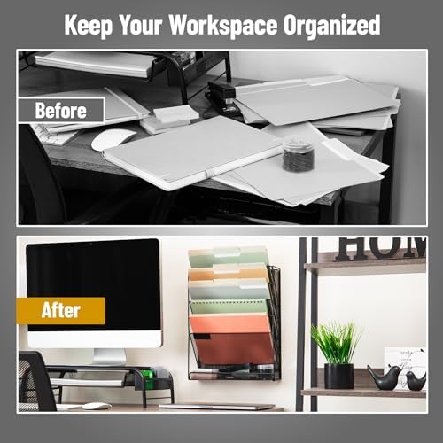 Mind Reader 5-Pocket Vertical File Storage, Desktop Organizer, Wall Mount, Office, Metal Mesh, Black