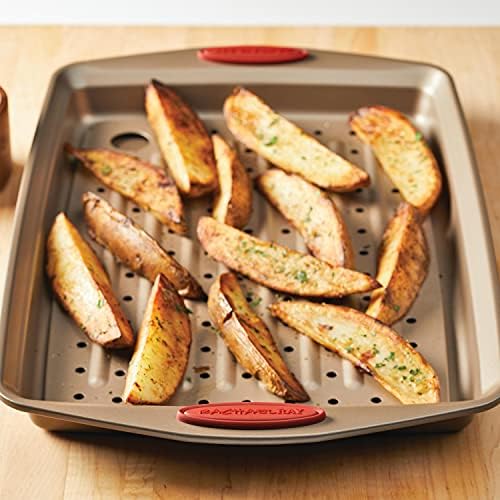 Rachael Ray Cucina Nonstick Bakeware Set with Grips, Nonstick Cookie Sheet / Baking Sheet with Crisper Pan - 2 Piece, Latte Brown with Cranberry Red Handle Grips