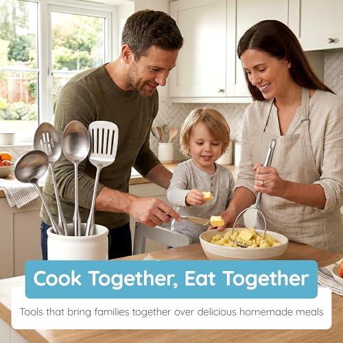 Millvado Stainless Steel Kitchen Utensil Set, Cooking Utensils, Set of 6 Kitchen Tools, Solid Spoon, Slotted Spoon, Solid Turner, Slotted Turner, Soup Ladle, Potato Masher, Dishwasher Safe